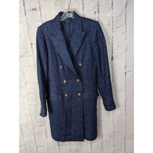 Polo Ralph Lauren Double- Breasted Linen Navy Chambray Long Blazer Coat Lightwei - Picture 3 of 10